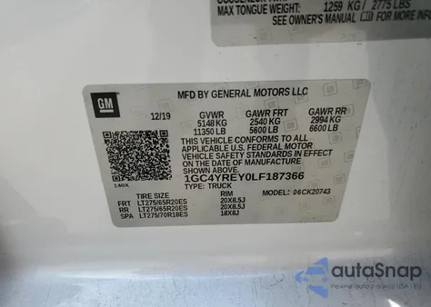 2020 Chevrolet Silverado K2500 High Country из США, поврежденный, VIN 1GC4YREY0LF187366